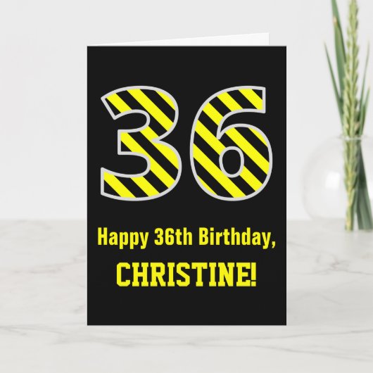 Carte Noir et jaune rayé "36"; 36e anniversaire + nom (Devant)