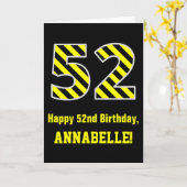 Carte Noir et jaune rayé "52"; 52e anniversaire + nom (Fleur jaune)