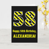 Carte Noir et jaune rayé "58"; 58e anniversaire + nom (Fleur jaune)