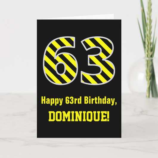Carte Noir et jaune rayé "63"; 63e anniversaire + nom (Devant)