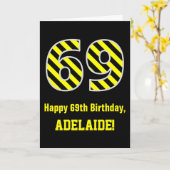 Carte Noir et jaune rayé "69"; 69e anniversaire + nom (Fleur jaune)