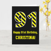 Carte Noir et jaune rayé "91"; 91e anniversaire + nom (Fleur jaune)