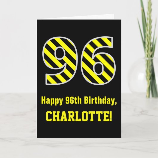 Carte Noir et jaune rayé "96"; 96e anniversaire + nom (Devant)