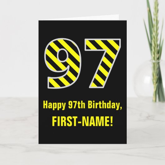 Carte Noir et jaune rayé "97"; 97e anniversaire + nom (Devant)