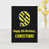 Carte Noir et Jaune rayé "9"; 9e anniversaire + nom (Fleur jaune)
