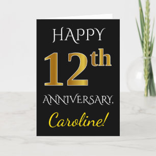 Carte Noir, Faux Or 12ème anniversaire de Mariage + Nom