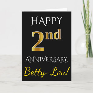 Carte Noir, Faux Or 2ème Anniversaire de Mariage + Nom