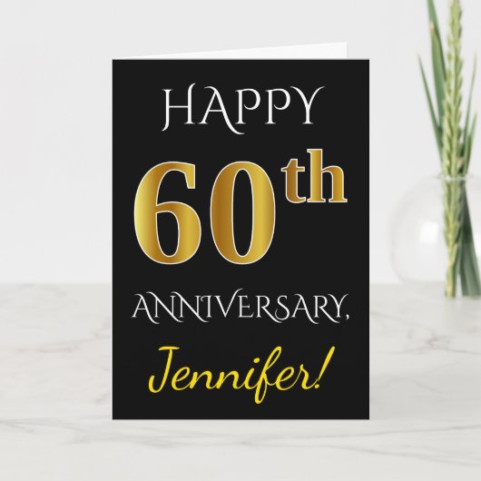 Carte Noir, Faux Or 60e Anniversaire de Mariage + Nom (Devant)