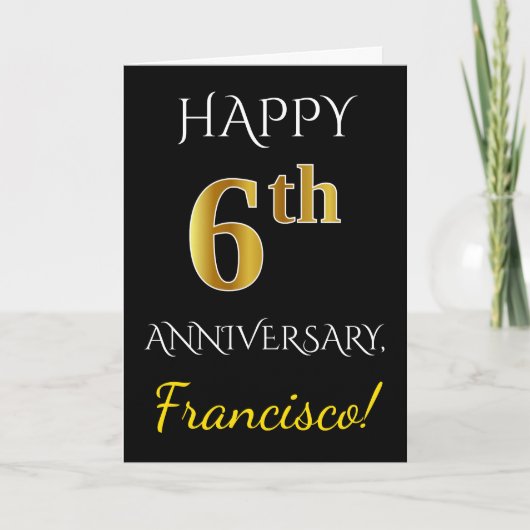 Carte Noir, Faux Or 6ème Anniversaire De Mariage + Nom (Devant)