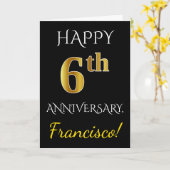 Carte Noir, Faux Or 6ème anniversaire Mariage + Nom (Fleur jaune)