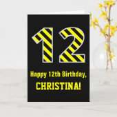 Carte Noir & Jaune rayé "12"; 12e anniversaire + nom (Fleur jaune)