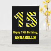 Carte Noir & Jaune rayé "15"; 15e anniversaire + nom (Fleur jaune)