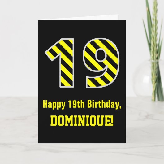 Carte Noir & Jaune rayé "19"; 19e anniversaire + nom (Devant)