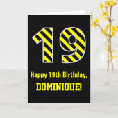 Carte Noir & Jaune rayé "19"; 19e anniversaire + nom (Fleur jaune)