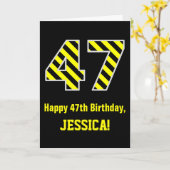 Carte Noir & Jaune rayé "47"; 47e anniversaire + nom (Fleur jaune)
