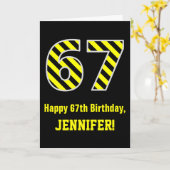 Carte Noir & Jaune rayé "67"; 67e anniversaire + nom (Fleur jaune)