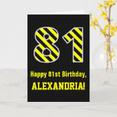 Carte Noir & Jaune rayé "81"; 81e anniversaire + nom (Fleur jaune)