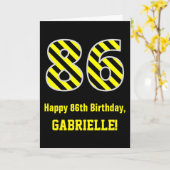 Carte Noir & Jaune rayé "86"; 86e anniversaire + nom (Fleur jaune)