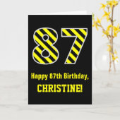 Carte Noir & Jaune rayé "87"; 87e anniversaire + nom (Fleur jaune)