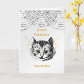Carte Noir noir blanc rétro Cheshire Chat visage Anniver (Fleur jaune)
