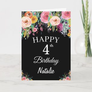 Carte noire 4th Birthday Watercolor Floral Flowers
