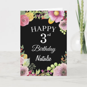 Carte noire à fleurs florales aquarelle pour 3ème