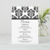 Carte noire et blanche de menu de mariage damassé (Debout devant)