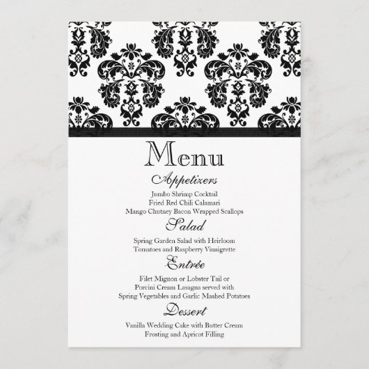 Carte noire et blanche de menu de mariage damassé (Devant)