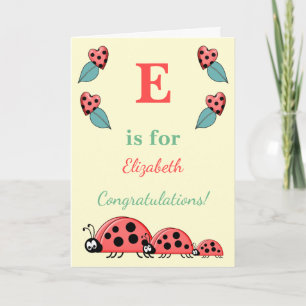 Carte Nom alphabet nouveau bébé jolies coccinelles jaune