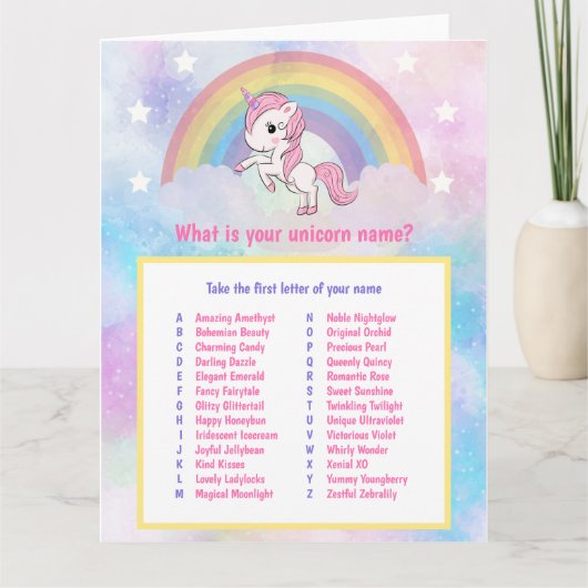 Carte Nom de la licorne Jeu Anniversaire (Devant)
