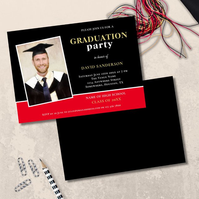 Carte Nom de la photo Gold Black Red Grad Party Invitati (front and back view)