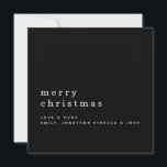Carte Nom du texte minimal Joyeux Noël noir<br><div class="desc">Nom du texte minimaliste Joyeux Noël blanc sur noir. Élégance simple et élégante,  style minimal,  avec votre accueil plus grand en minuscules élégantes avec vos noms en dessous avec beaucoup d'espace simple. Personnalisez facilement le texte à vos propres détails. Entièrement personnalisable.</div>
