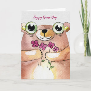 Carte Nom Jour aquarelle ours avec bouquet