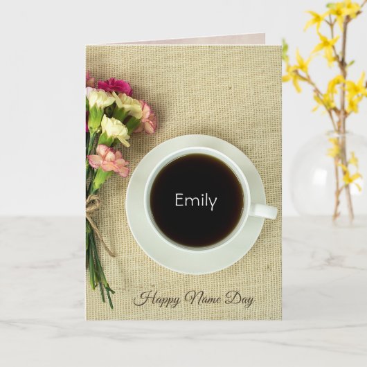 Carte Nom Jour café avec oeillets sur burap (Fleur jaune)