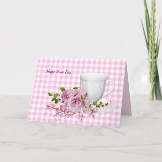Carte Nom Jour tasse et soucoupe avec pivoines (Devant)