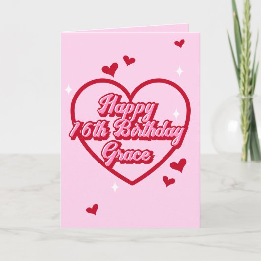 Carte Nom mignon Pink Retro Heart Girly 16e anniversaire (Devant)