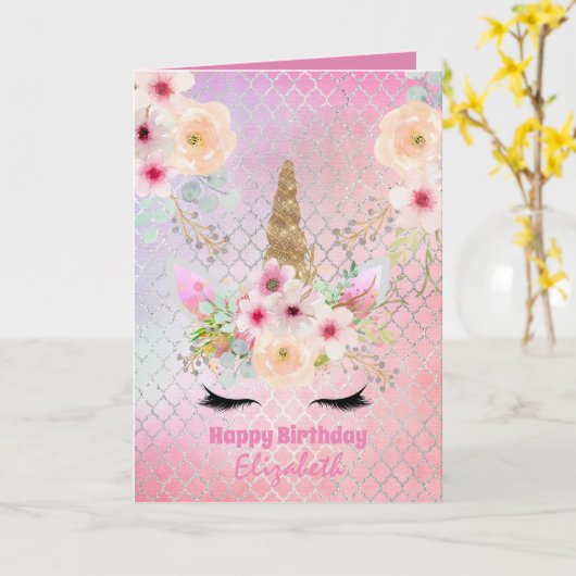 Carte Nom mignon Unicorn Imaginaire jolie fille rose pou (Fleur jaune)