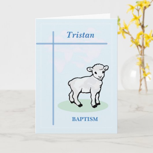 Carte Nom personnalisable Baptême Agneau Bleu Garçon (Fleur jaune)
