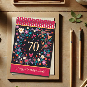 Carte Nom personnalisé 70e anniversaire Coeurs floraux