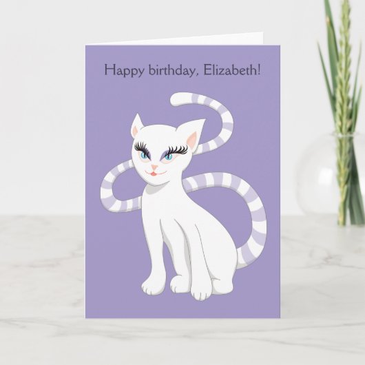 Carte Nom personnalisé Beau chat blanc Anniversaire (Devant)