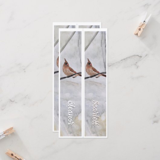 Carte Nom personnalisé Cardinal d'hiver Deux Signets (Devant/Arrière en situation)