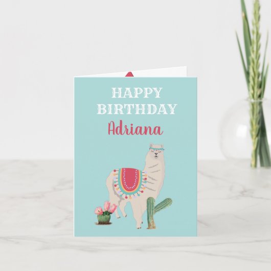 Carte Nom personnalisé Cute Llama Cactus Anniversaire (Devant)
