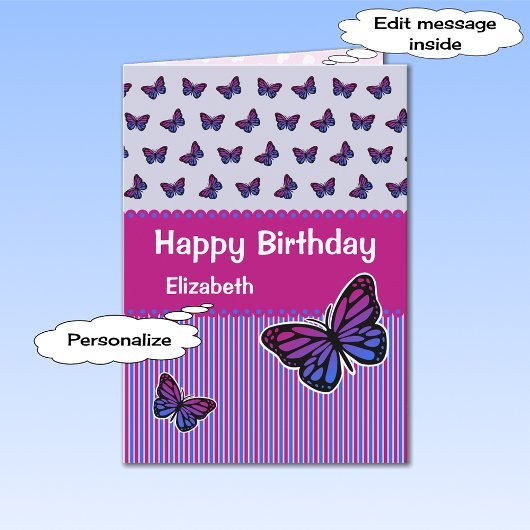 Carte Nom personnalisé d'anniversaire papillon moderne