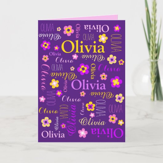 Carte Nom personnalisé et fleurs graphiques rose violet (Devant)