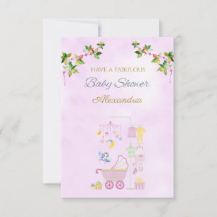 Carte Nom personnalisé Fée Rose Poussette Baby Shower