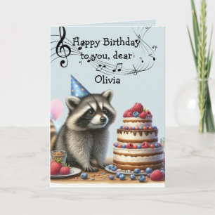 Carte Nom personnalisé Fun Raccoon Anniversaire Gâteau