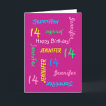 Carte Nom personnalisé, rose, 14e anniversaire Salutatio<br><div class="desc">Quelle magnifique carte de voeux personnalisée pour un 14e anniversaire ou toute autre occasion. Sur la couverture, Name and Age se répète en différentes polices et couleurs sur un arrière - plan rose chaud. Facile à personnaliser - il suffit de CHANGER LE NOM, L'ÂGE et L'OCCASION EN UN SEUL ENDROIT....</div>