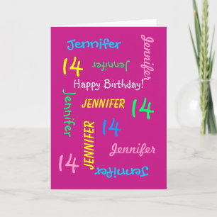 Carte Nom personnalisé, rose, 14e anniversaire Salutatio