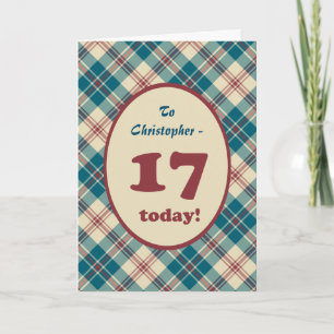 Carte Nom personnalisé Rouge bleu plaid 17e anniversaire