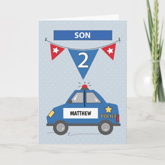 Carte Nom personnalisé Son 2e anniversaire Blue Police C (Devant)